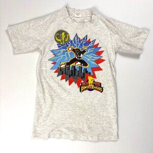 VTG Power Rangers Youth T-Shirt Gray S/M Mighty Morphin Saban Black Ranger USA